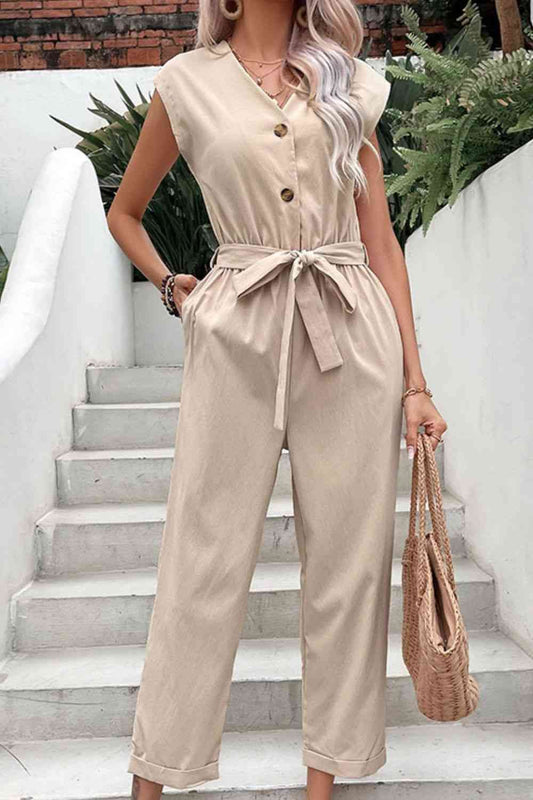 Capped Sleeve Belted V-Neck Jumpsuit - TRENDMELO