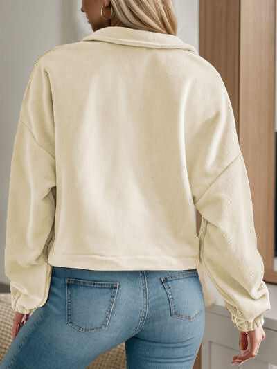 Half Zip Collared Neck Long Sleeve Sweatshirt - TRENDMELO