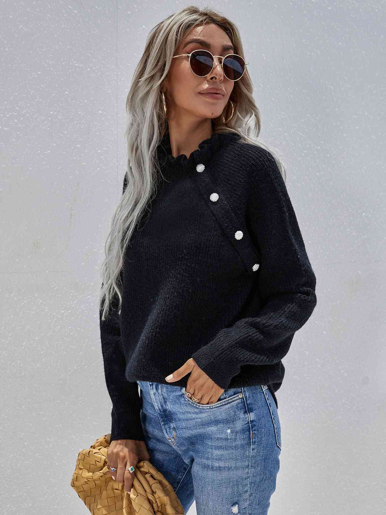 Button Detail Frill Neck Rib-Knit Sweater - TRENDMELO