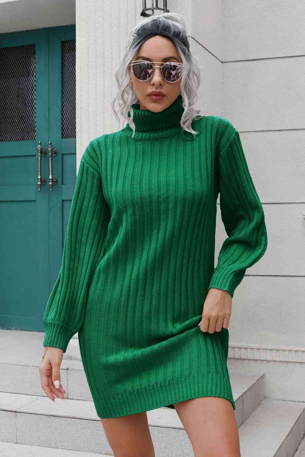 Ribbed Turtle Neck Long Sleeve Mini Sweater Dress - TRENDMELO