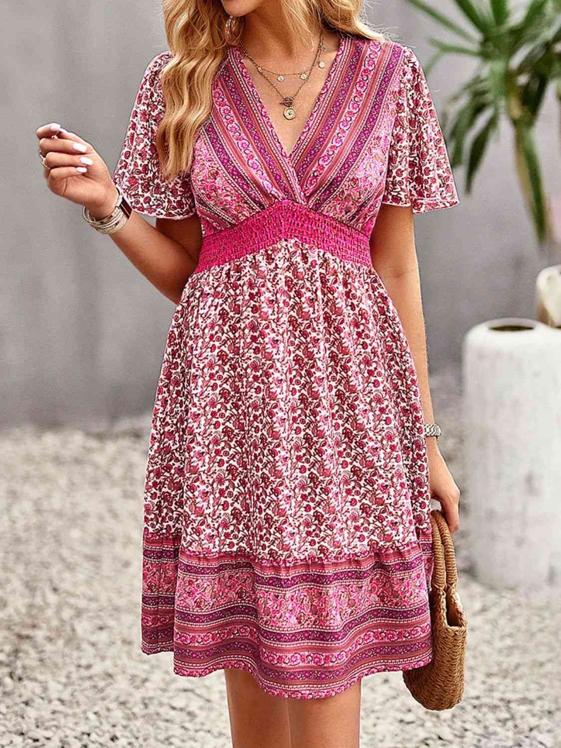 Floral Print Bohemian Style V-Neck Flutter Sleeve Dress - TRENDMELO