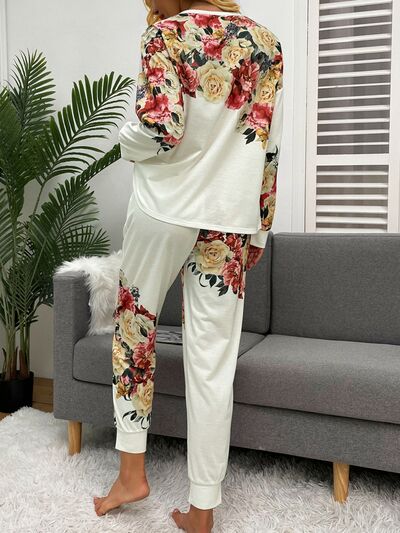 Printed Round Neck Top and Drawstring Pants Lounge Set - TRENDMELO