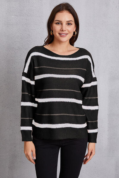 Striped Round Neck Dropped Shoulder Sweater - TRENDMELO