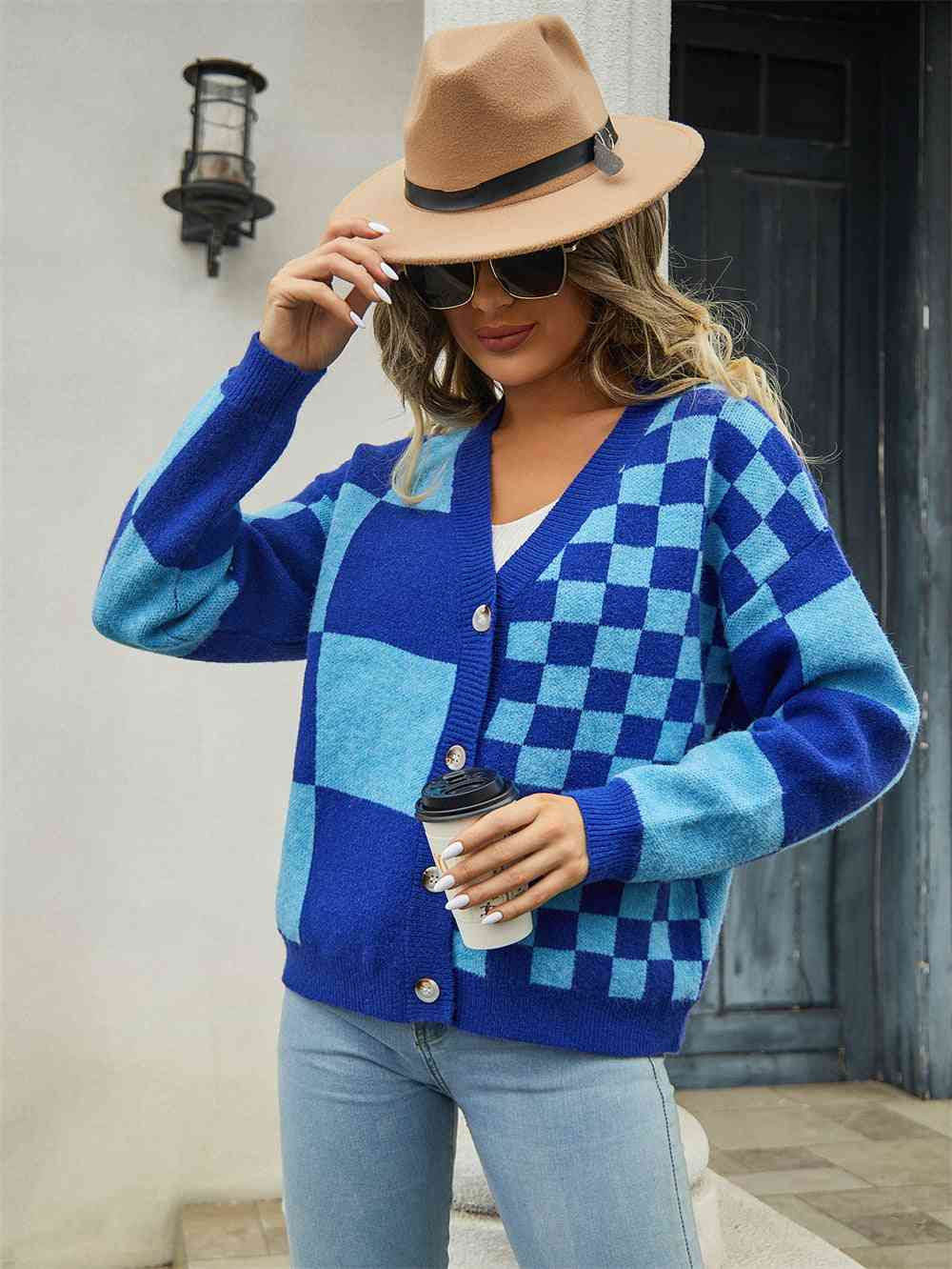 Plaid V-Neck Dropped Shoulder Cardigan - TRENDMELO