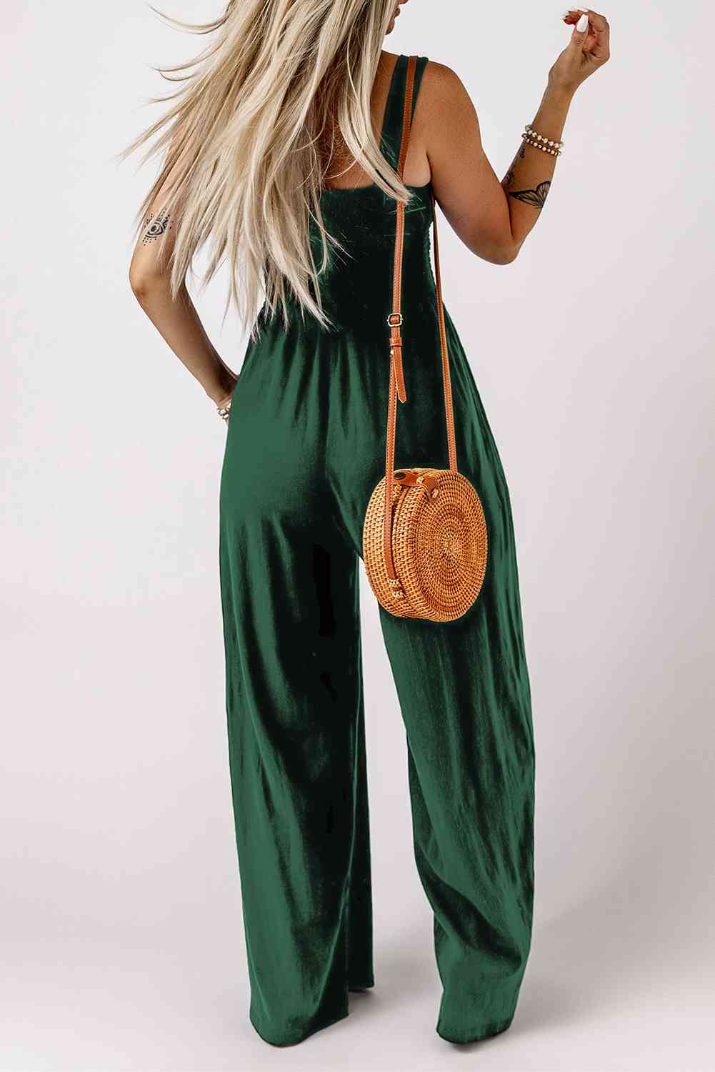 Smocked Square Neck Wide Leg Jumpsuit with Pockets - TRENDMELO