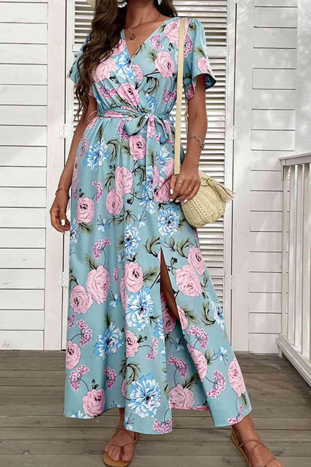 Floral Tie-Waist Slit Surplice Maxi Dress - TRENDMELO