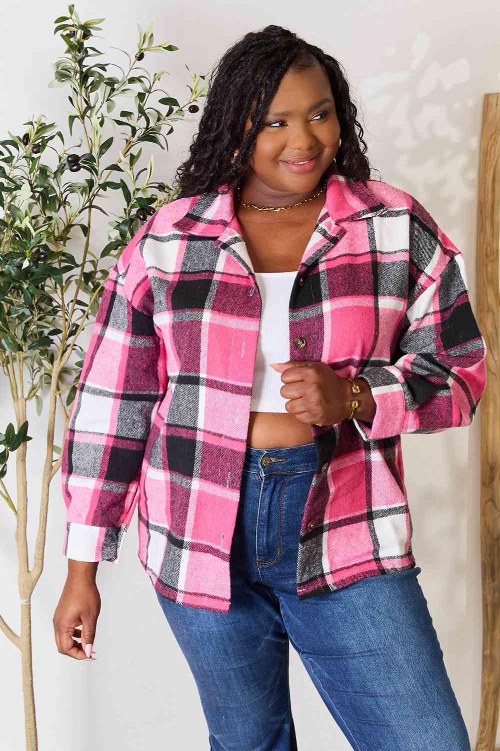 Double Take Plaid Button Up Collared Neck Jacket - TRENDMELO