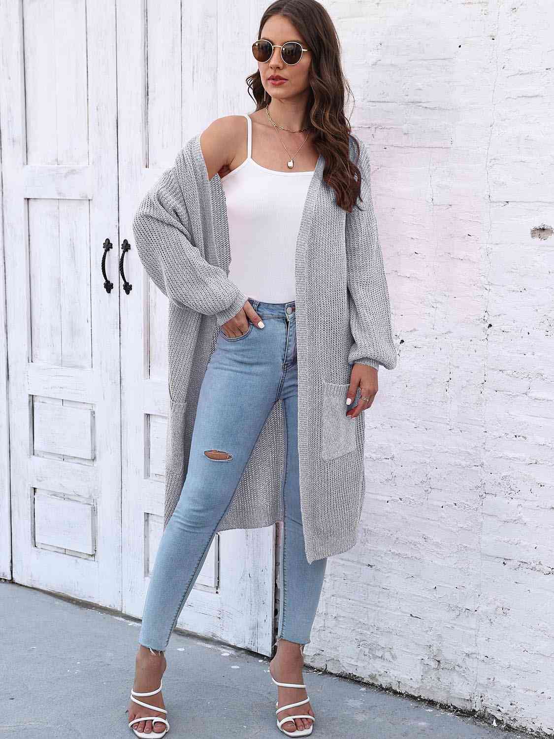 Open Front Longline Cardigan with Pockets - TRENDMELO