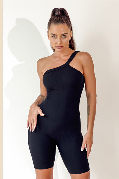 Asymmetrical Neck Wide Strap Active Romper - TRENDMELO