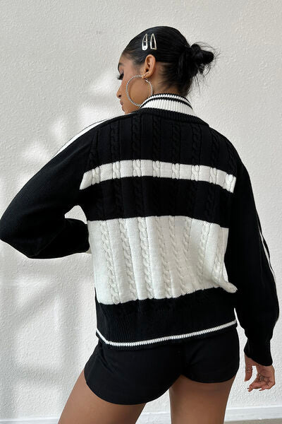 Cable-Knit Color Block Raglan Sleeve Cardigan - TRENDMELO