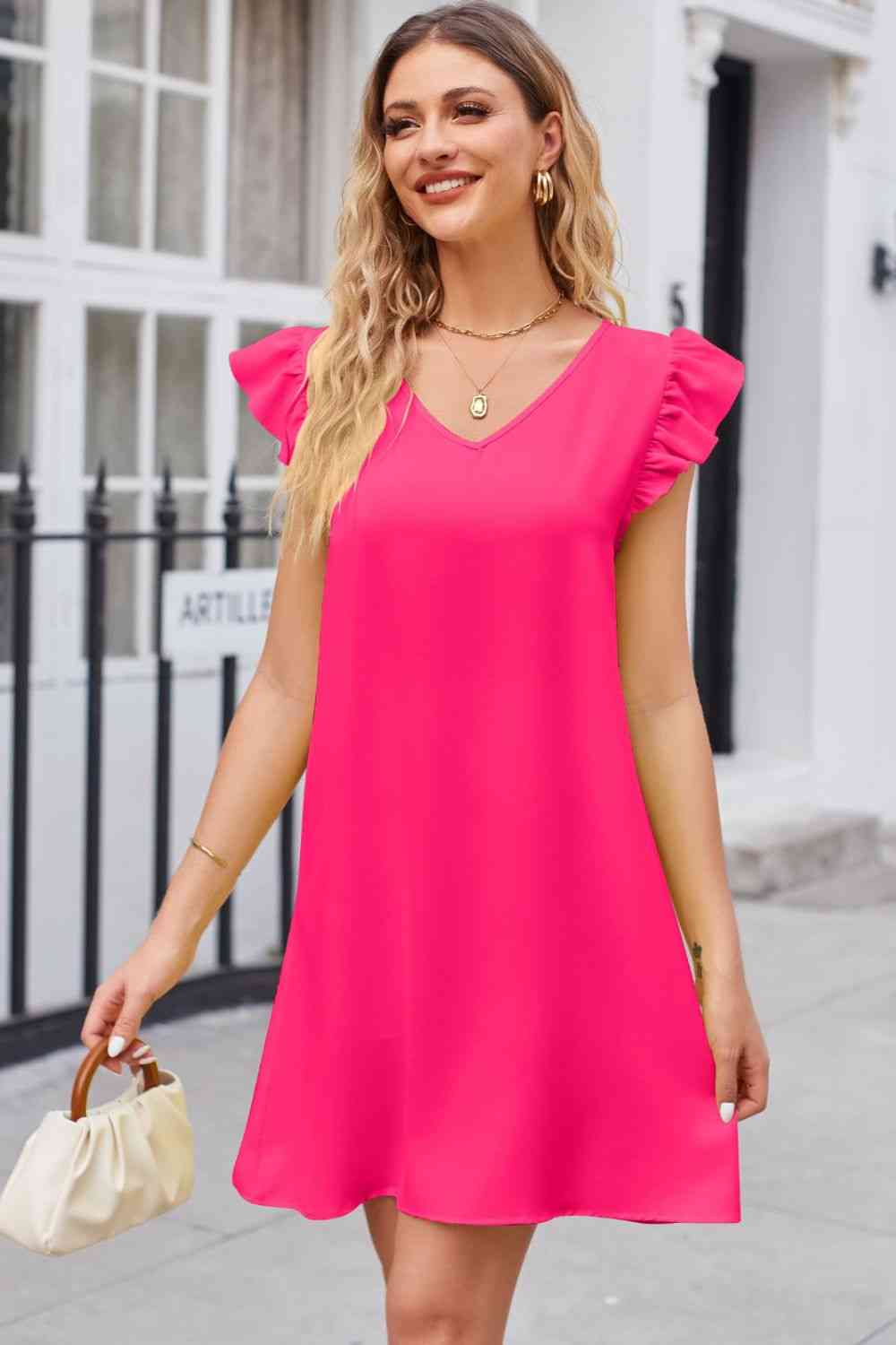 Ruffled V-Neck Flutter Sleeve Dress - TRENDMELO