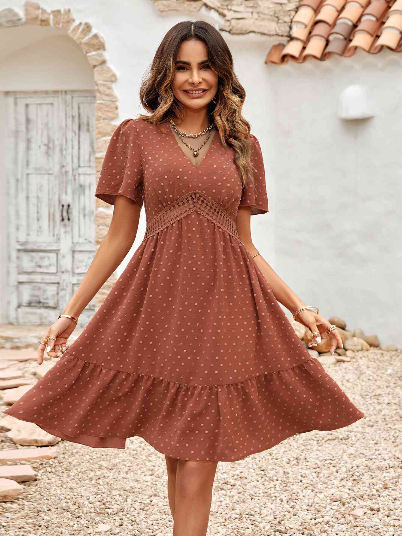 Swiss Dot V-Neck Openwork Puff Sleeve Dress - TRENDMELO