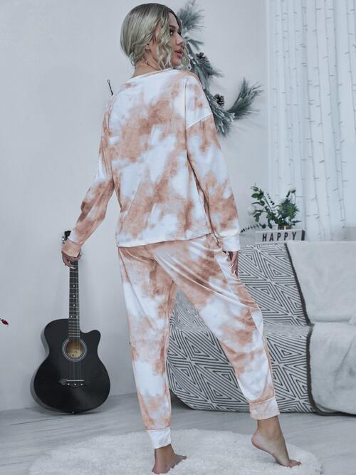 Tie-dye Round Neck Top and Drawstring Pants Lounge Set - TRENDMELO