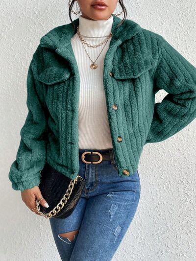 Fuzzy Button Up Collared Neck Jacket - TRENDMELO