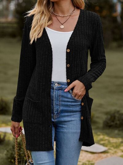 Ribbed Button Up Long Sleeve Cardigan - TRENDMELO