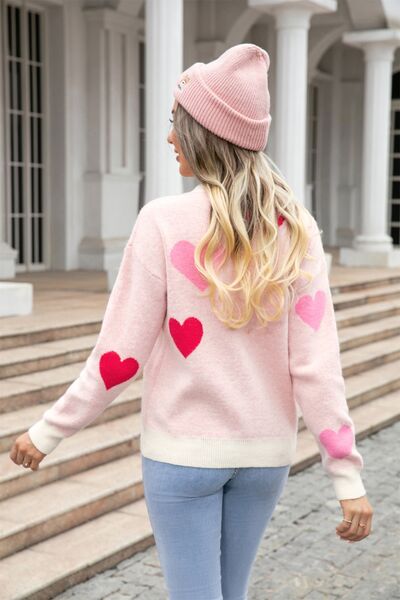 Heart Round Neck Droppped Shoulder Sweater - TRENDMELO