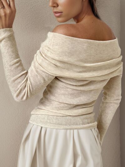 Off-Shoulder Long Sleeve Sweater - TRENDMELO