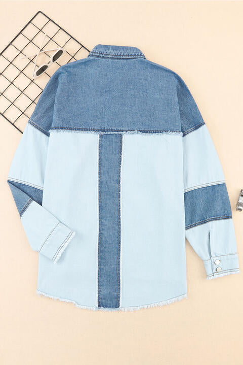 Raw Hem Button Up Denim Jacket with Breast Pockets - TRENDMELO