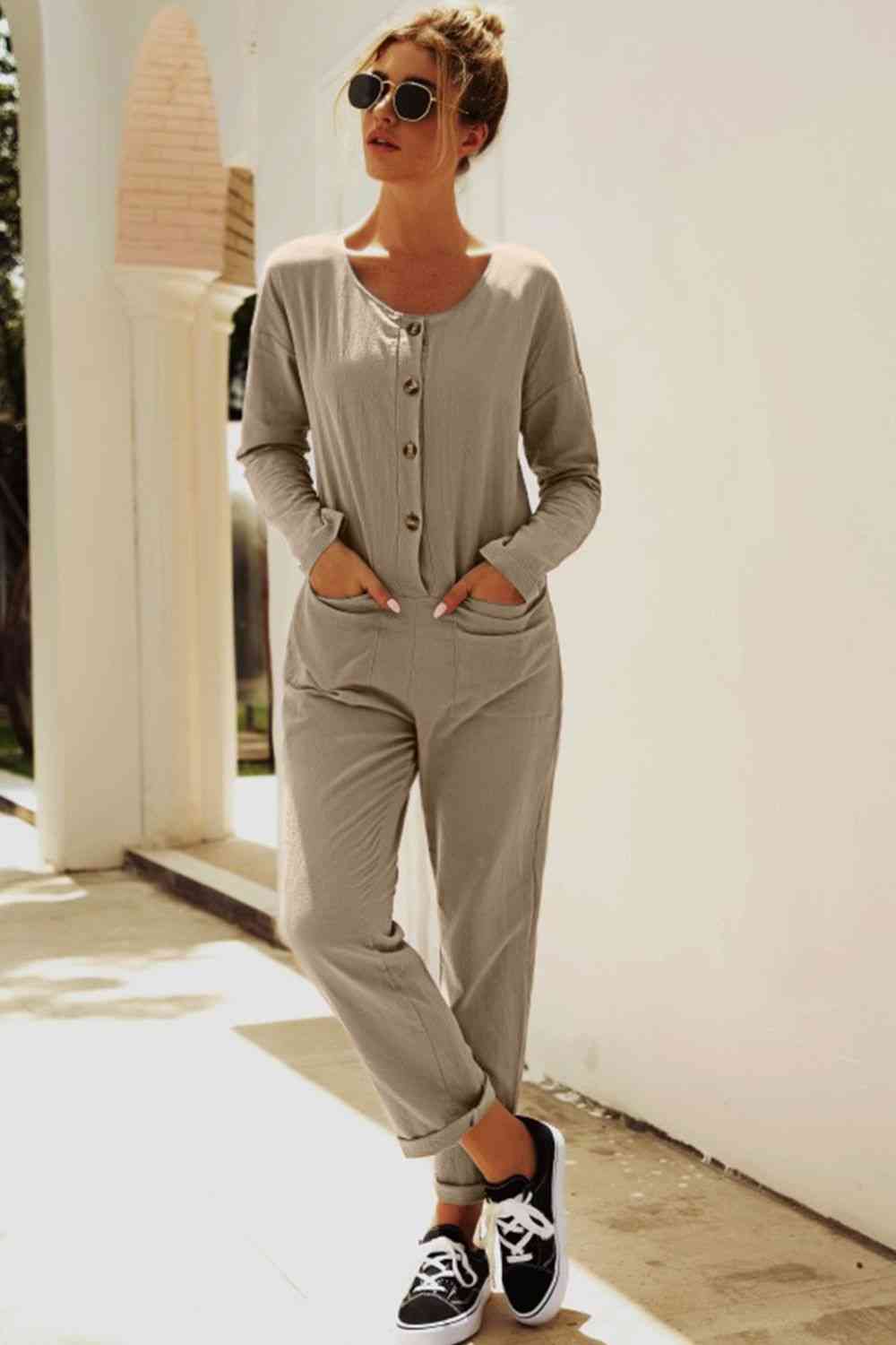 Buttoned Drop Shoulder Pocket Jumpsuit - TRENDMELO