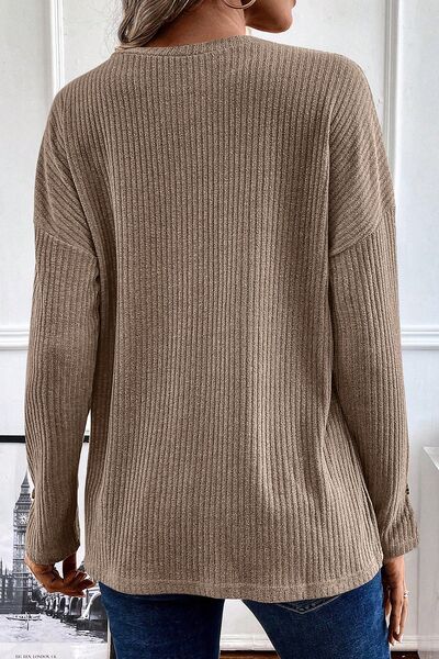 Ribbed Half Button Long Sleeve Knit Top - TRENDMELO