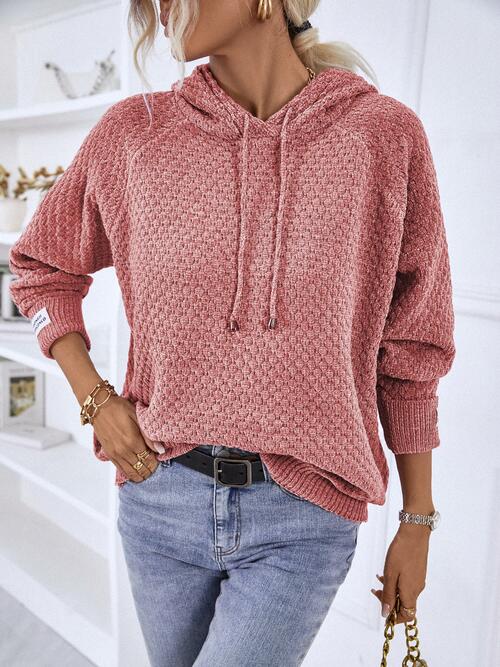 Texture Drawstring Long Sleeve Hooded Sweater - TRENDMELO