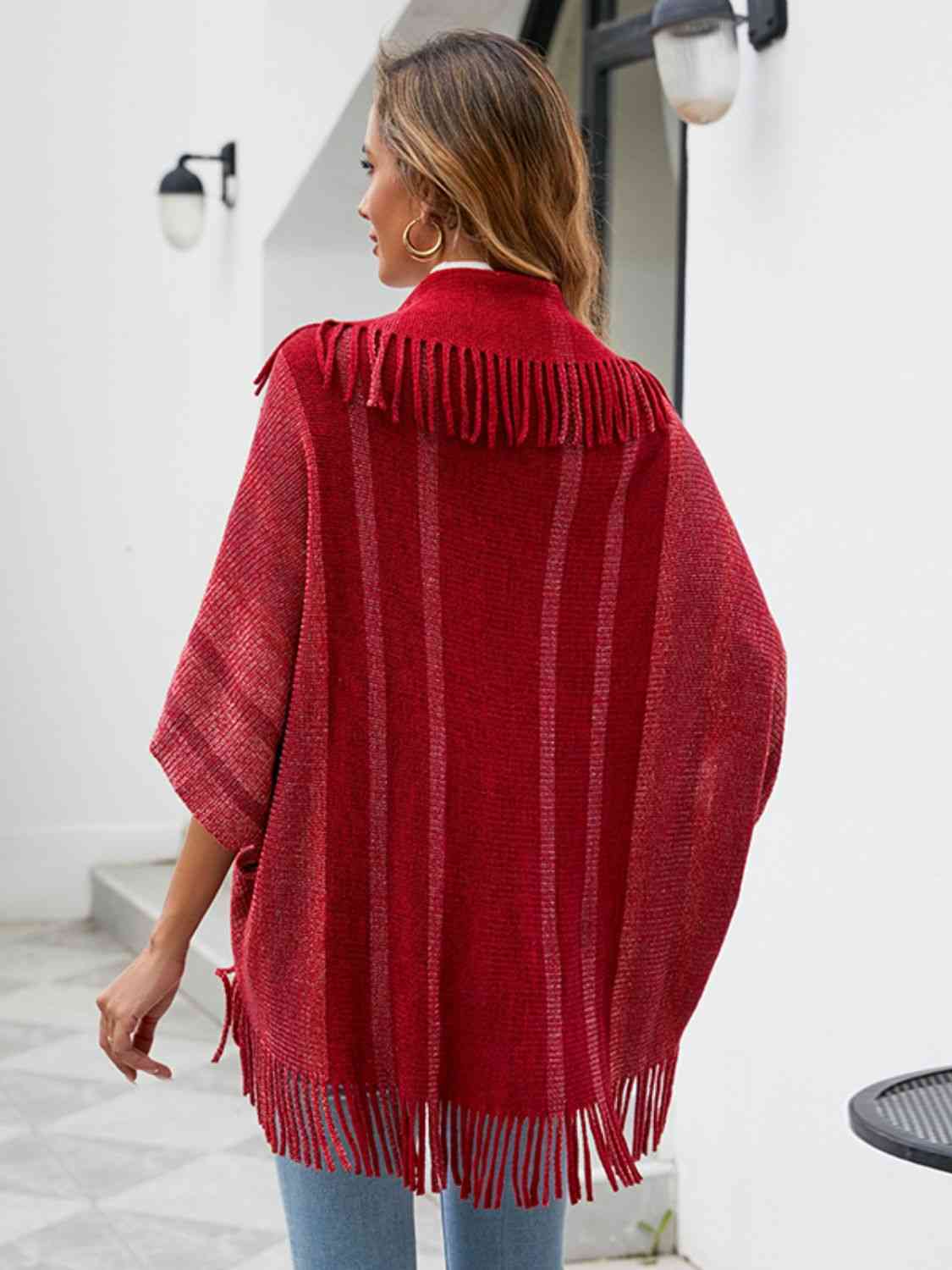 Fringe Detail Open Front Poncho - TRENDMELO