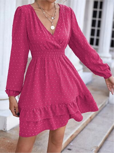 Swiss Dot Surplice Smocked Ruffle Hem Dress - TRENDMELO