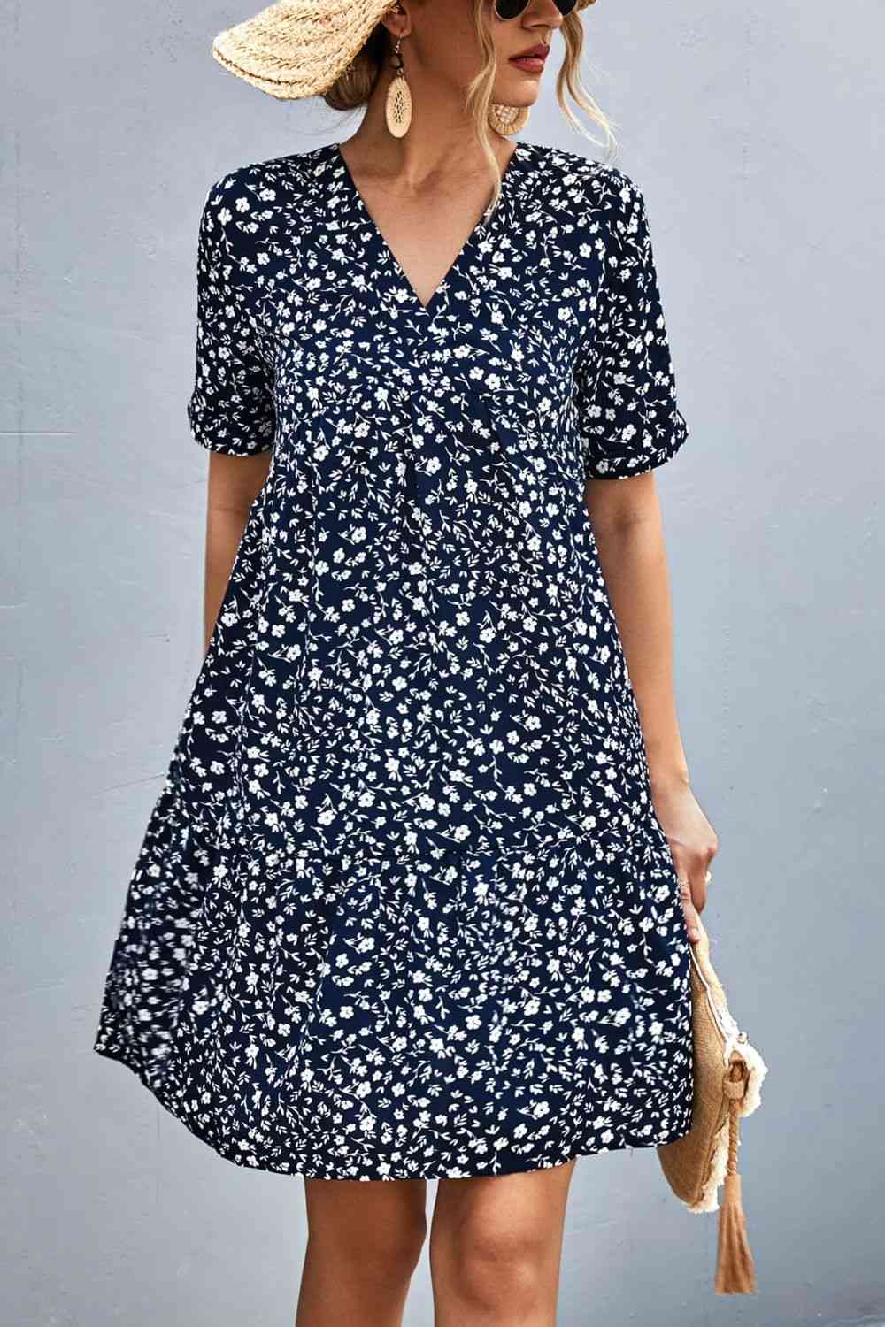 Ditsy Floral Empire Waist Plunge Short Sleeve Dress - TRENDMELO