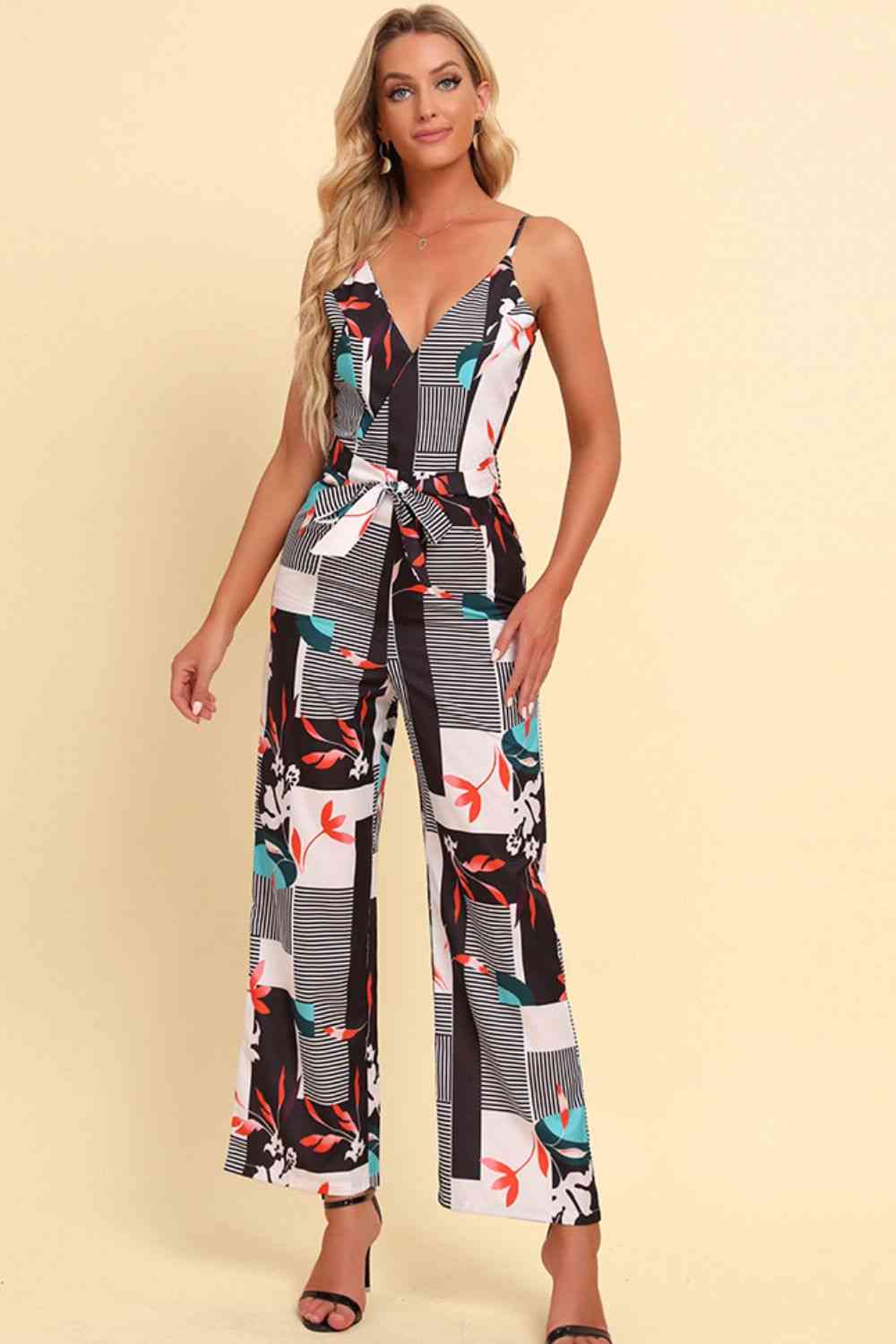 Printed Spaghetti Strap Tied Jumpsuit - TRENDMELO