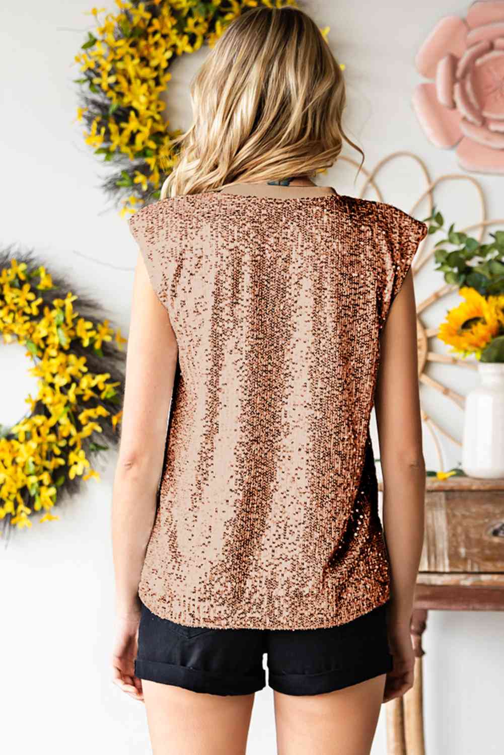 Sequin Round Neck Capped Sleeve Tank - TRENDMELO