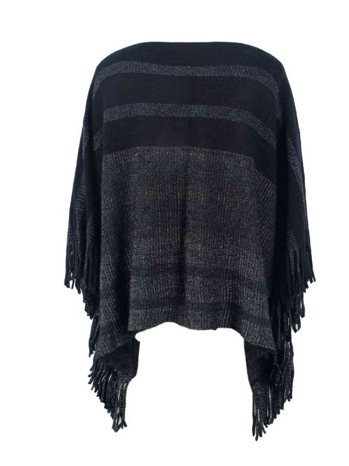 Striped Boat Neck Poncho with Fringes - TRENDMELO