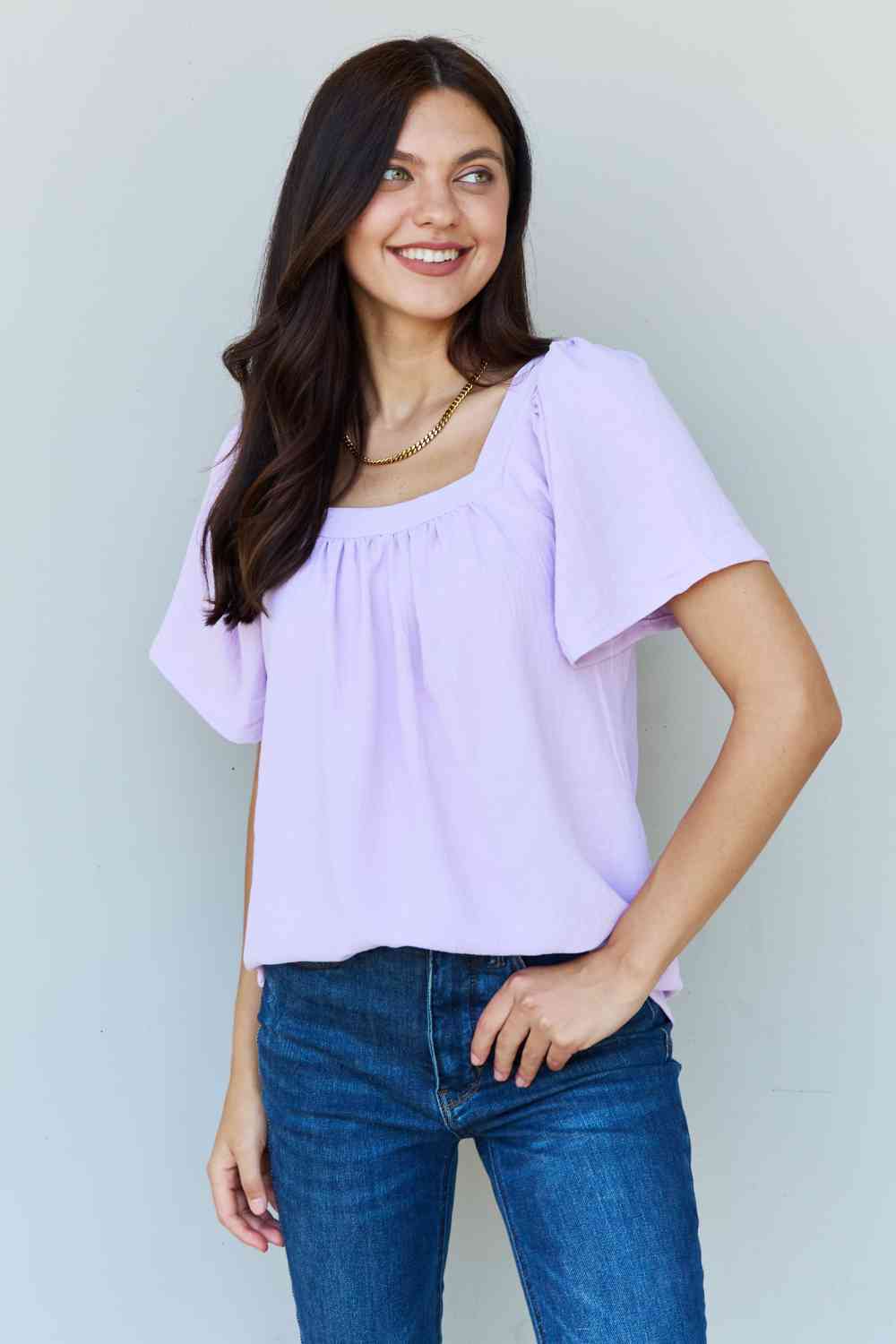 Ninexis Keep Me Close Square Neck Short Sleeve Blouse in Lavender - TRENDMELO