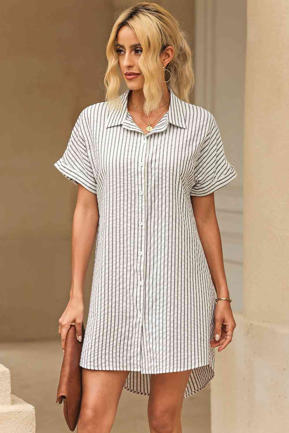 Full Size Striped Short Sleeve Shirt Dress - TRENDMELO