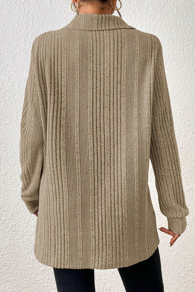 Slit Johnny Collar Long Sleeve Sweater - TRENDMELO