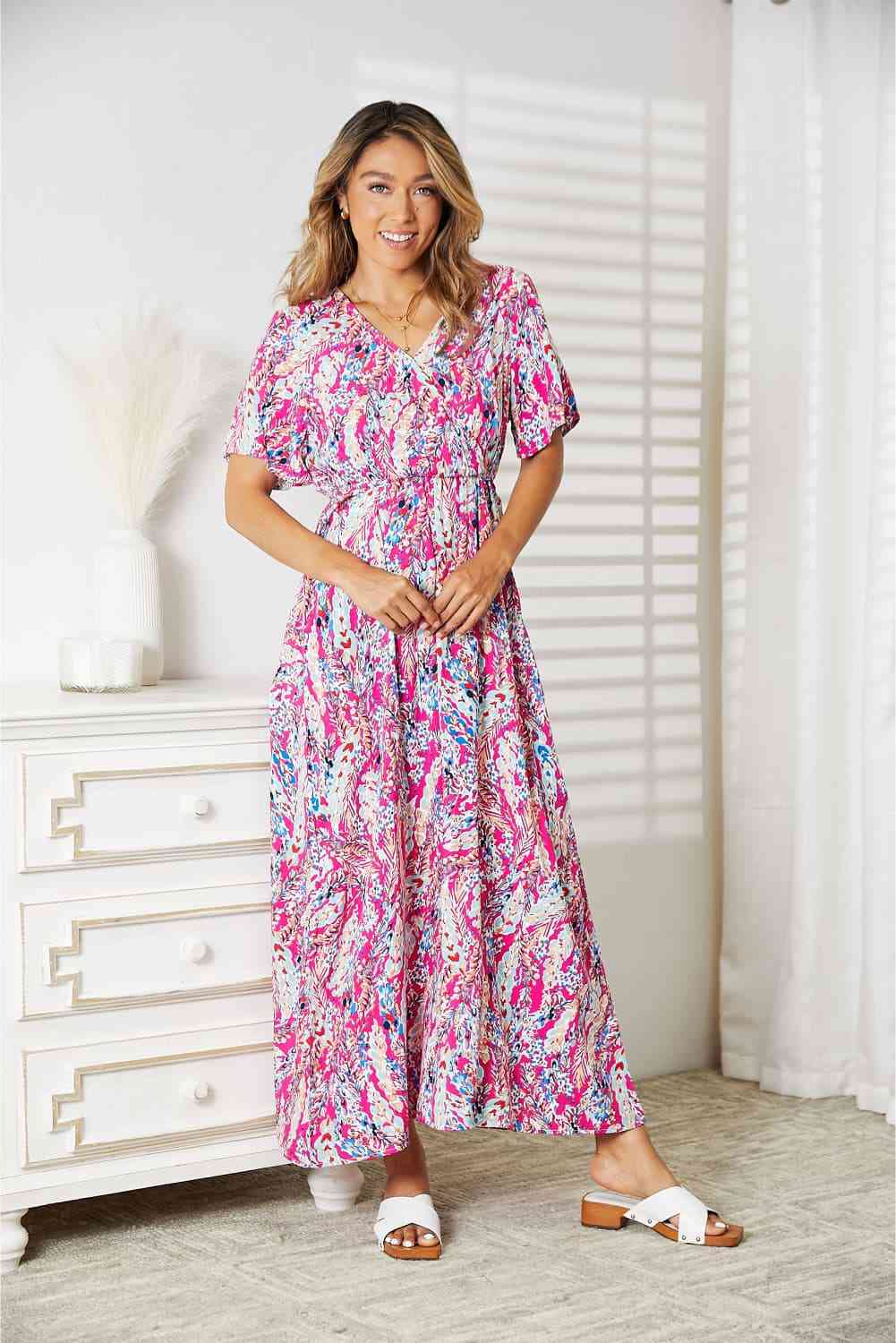 Double Take Multicolored V-Neck Maxi Dress - TRENDMELO