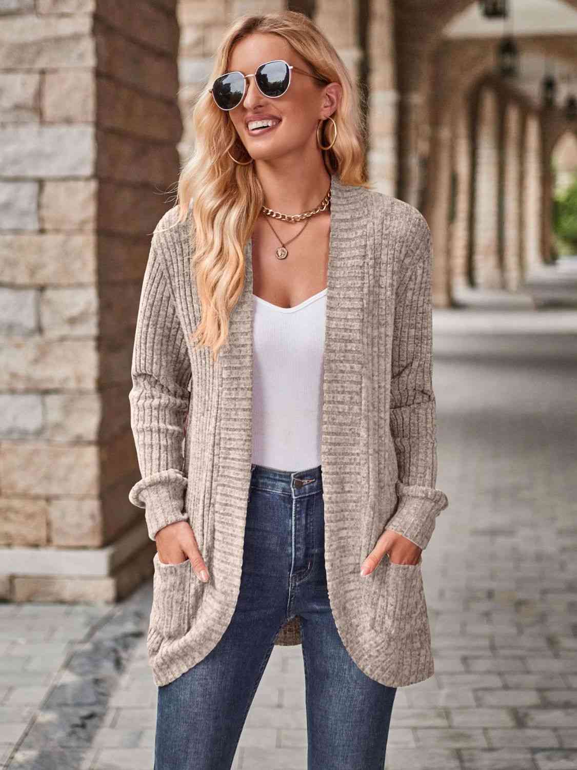 Open Front Cardigan with Pockets - TRENDMELO