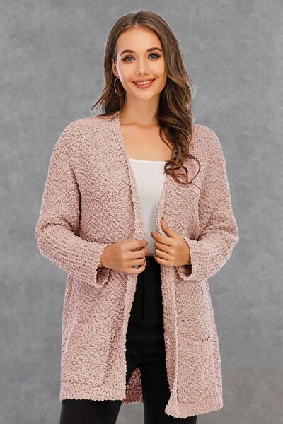 Pocketed Open Front Long Sleeve Cardigan - TRENDMELO