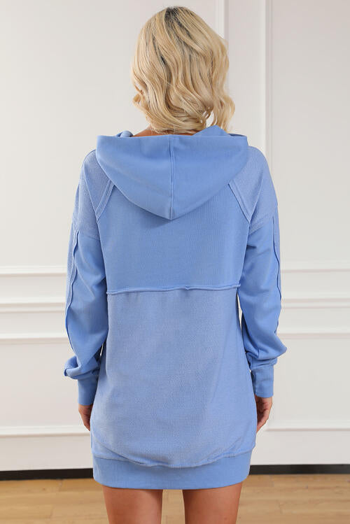 Exposed Seam Long Sleeve Slit Hoodie with Pocket - TRENDMELO