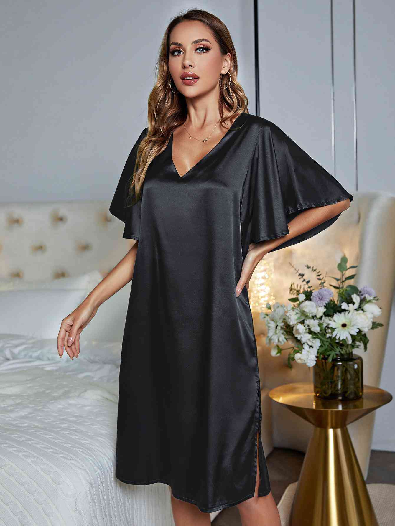 V-Neck Flutter Sleeve Night Dress - TRENDMELO