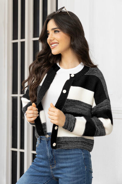 Striped Button Up Long Sleeve Cardigan - TRENDMELO