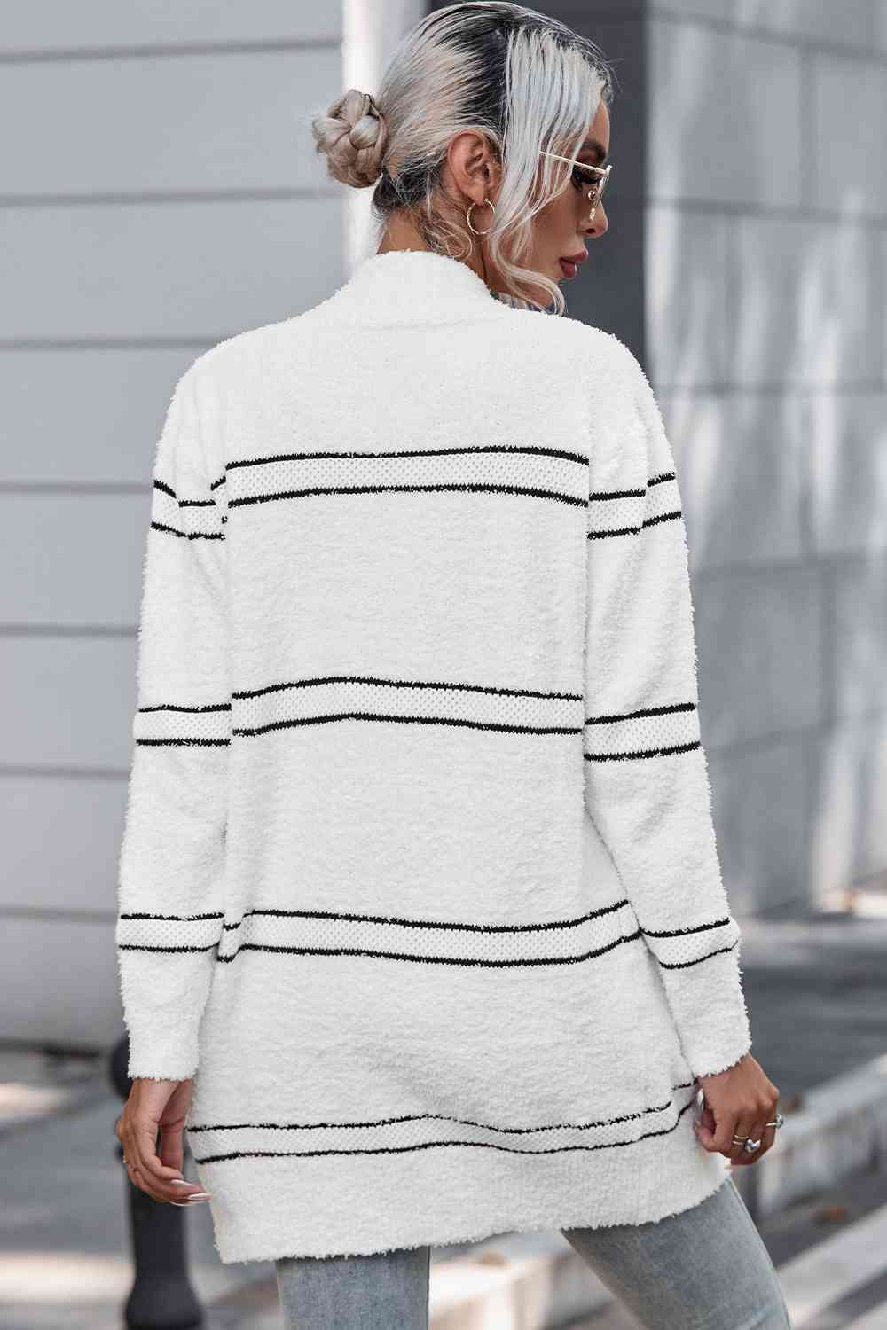 Striped Open Front Cardigan with Pockets - TRENDMELO