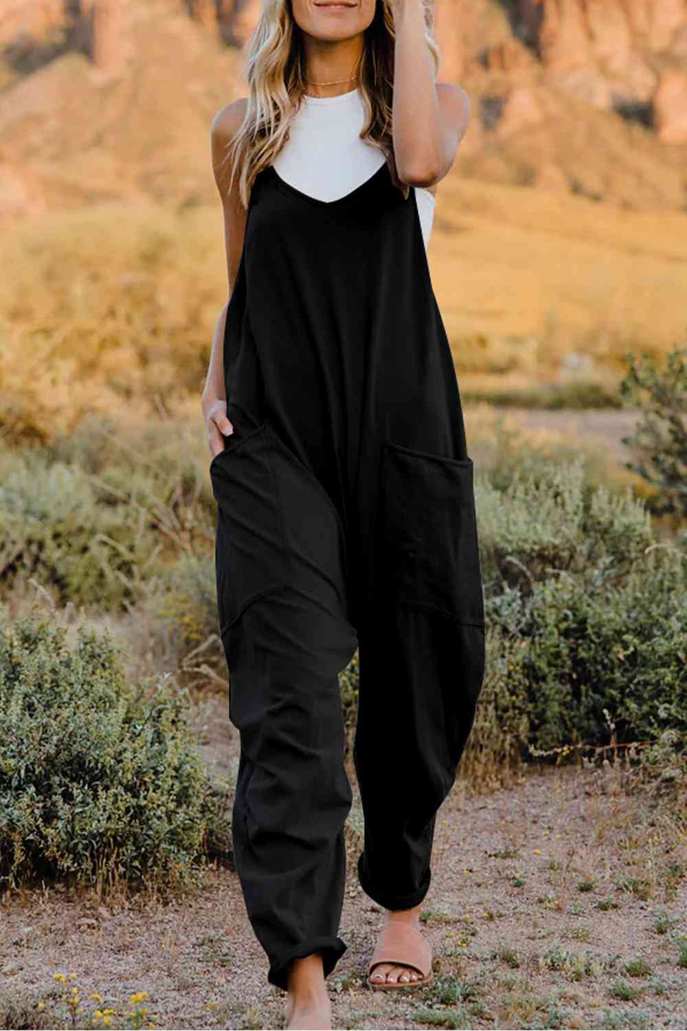 Double Take Full Size V-Neck Sleeveless Jumpsuit with Pockets - TRENDMELO