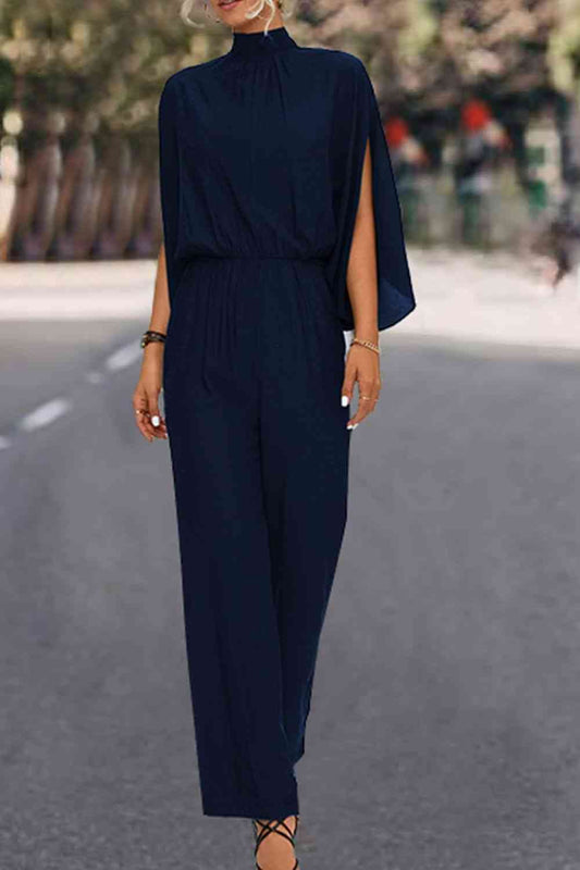 Tie Back Mock Neck Split Sleeve Jumpsuit - TRENDMELO