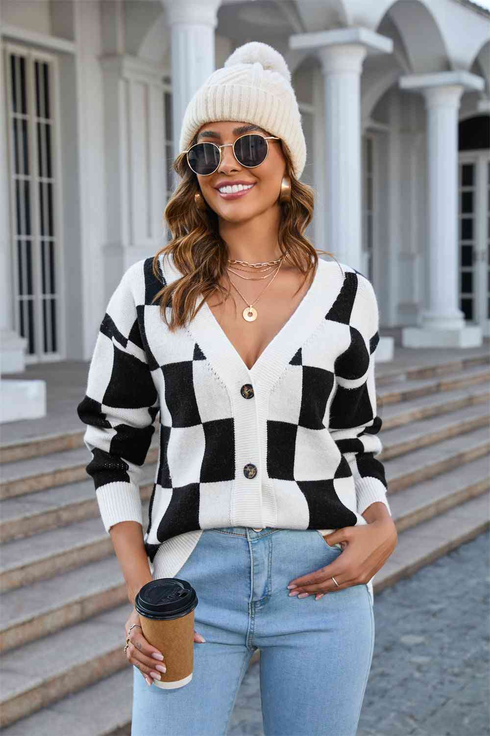 Button-Up V-Neck Dropped Shoulder Cardigan - TRENDMELO