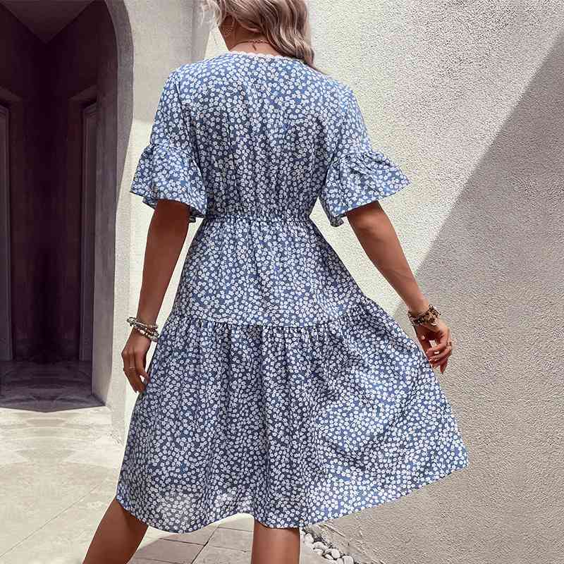 Floral Flounce Sleeve V-Neck Dress - TRENDMELO