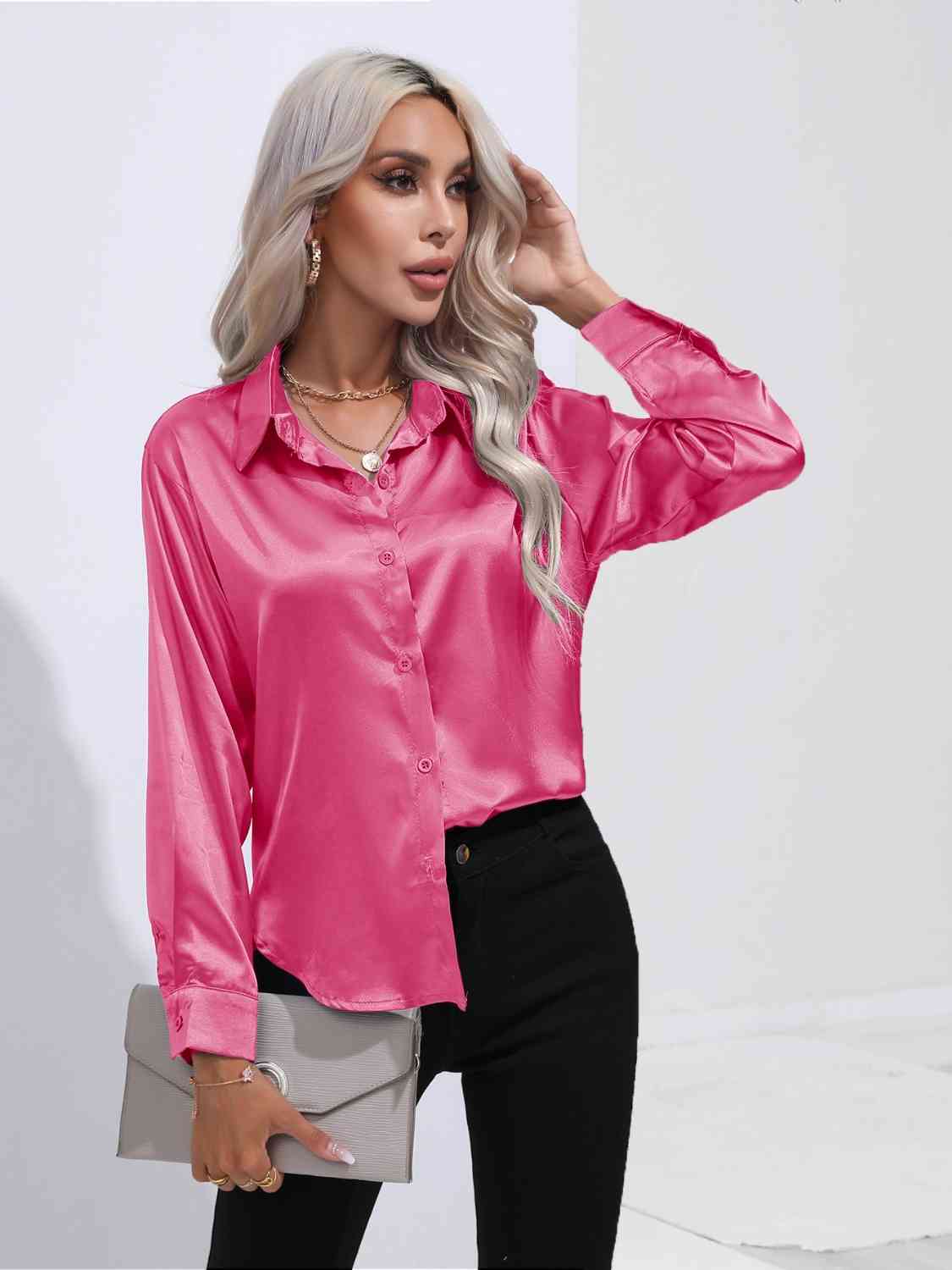 Collared Neck Buttoned Long Sleeve Shirt - TRENDMELO