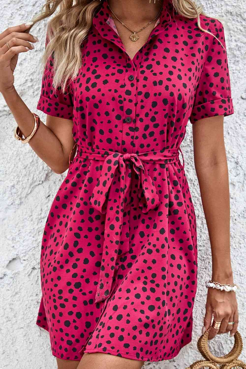 Dotted Short Sleeve Tie Belt Dress - TRENDMELO