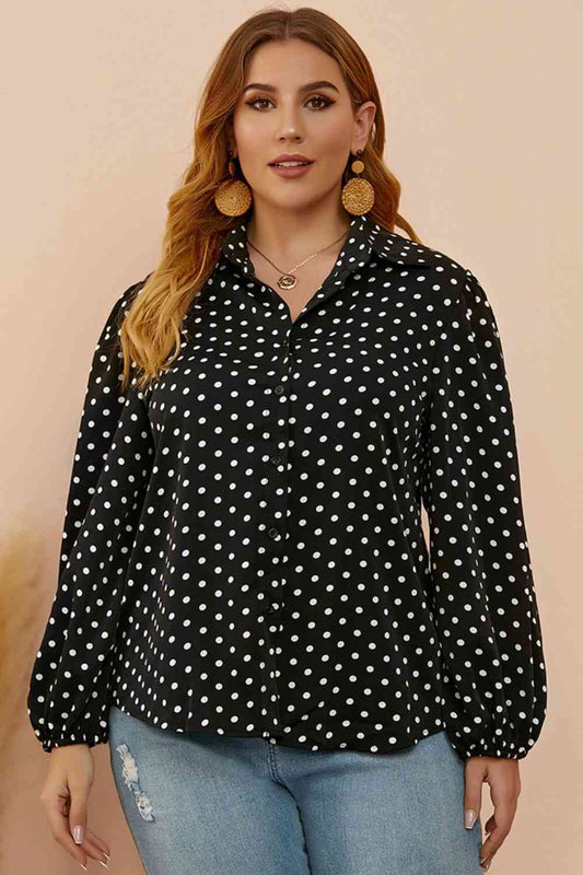 Plus Size Polka Dot Balloon Sleeve Shirt - TRENDMELO