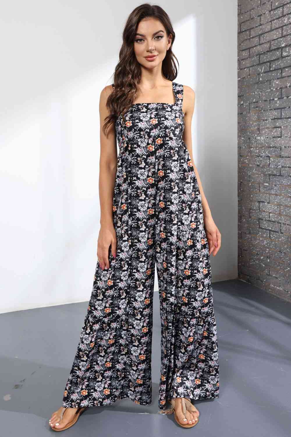 Floral Square Neck Wide Leg Jumpsuit - TRENDMELO