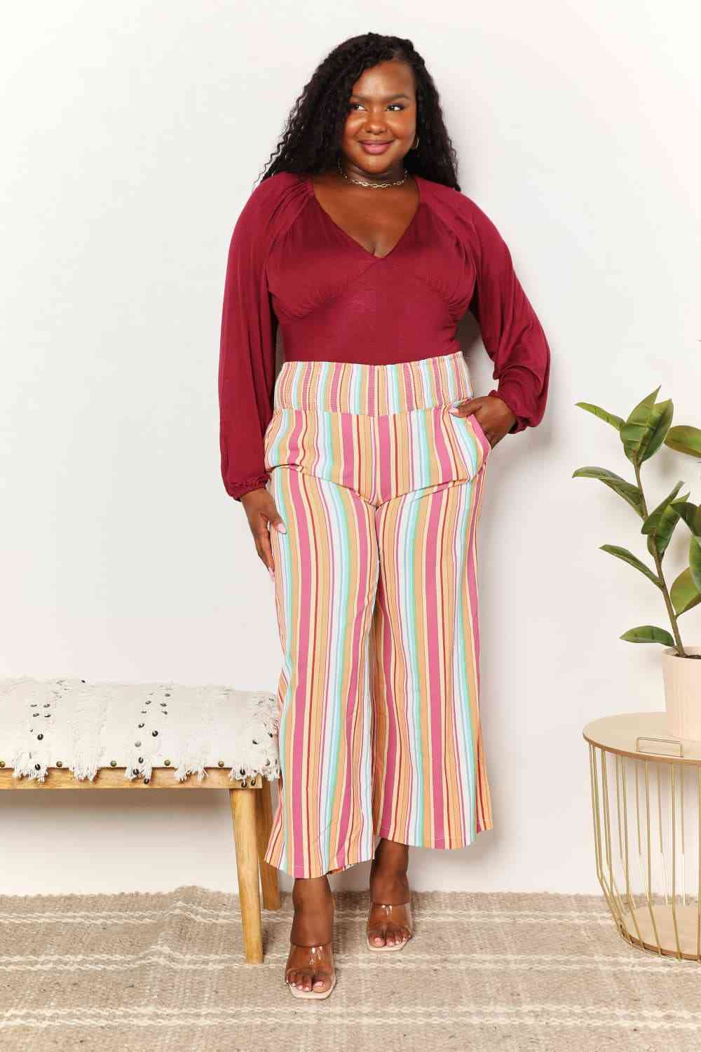 Double Take Striped Smocked Waist Pants with Pockets - TRENDMELO